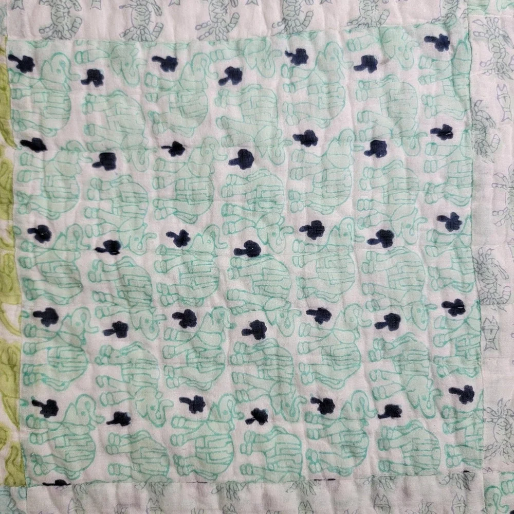 The Company Store Full Queen Quilt Cotton Patchwork Green Blue Animal Print